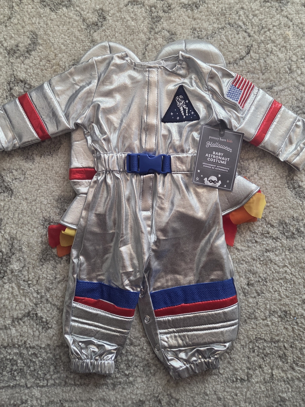 Pottery Barn Kids Silver Astronaut Jumpsuit with Blue and Red Trim
